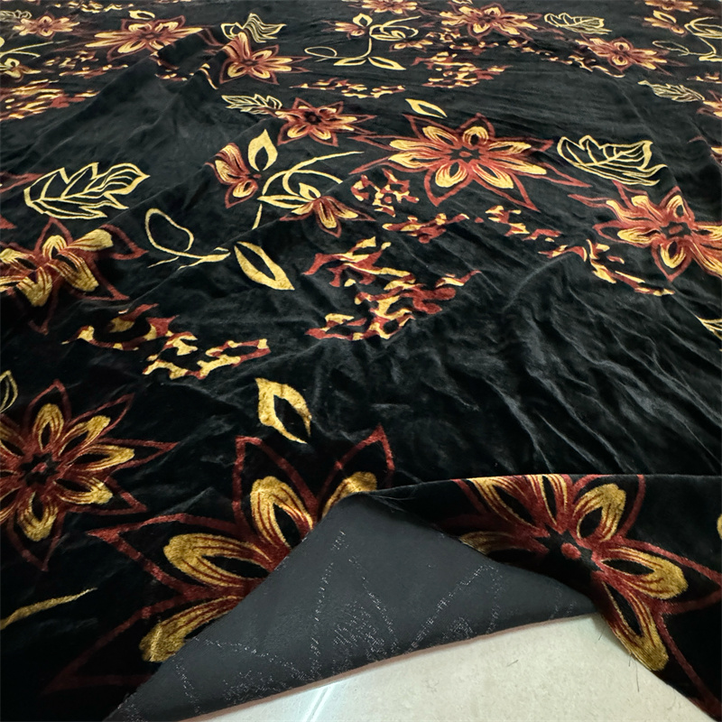 黑色大花真丝绒面料烂花绒天鹅绒桑蚕丝底棉绒裙子旗袍服装布料