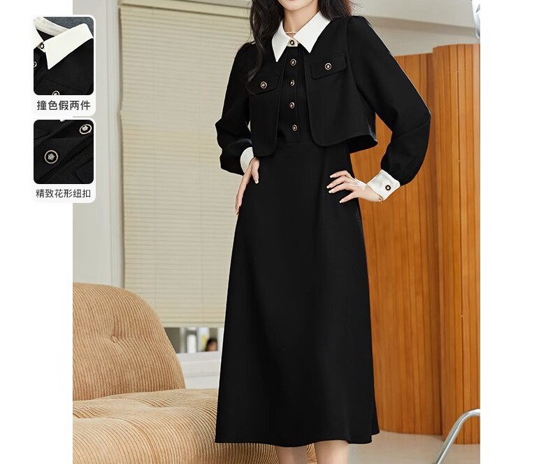 cici 大码女装胖mm小香赫本风法式黑色连衣裙秋季显瘦假两件a字裙