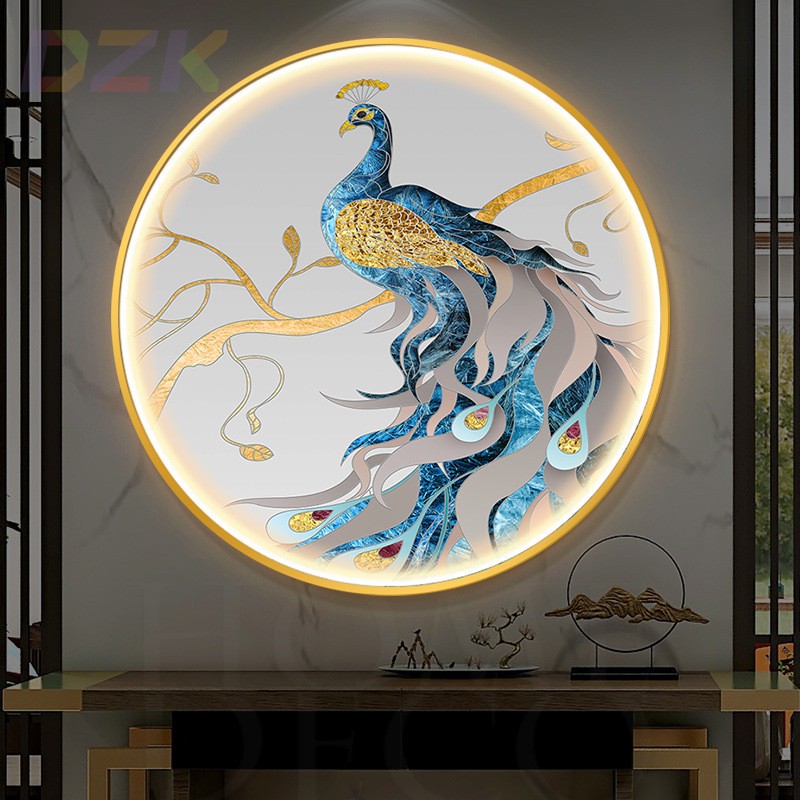 现代装饰画寓意孔雀玄关画LED灯圆形挂画客厅餐厅背景墙晶瓷画s5图片