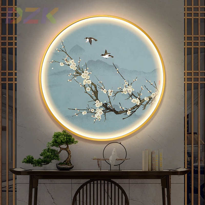 新中式圆形LED装饰画客厅玄关入户挂画壁灯喜上眉梢卧室餐厅壁o5图片