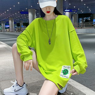 秋季荧光绿中长款宽松长袖卫衣女装下摆不规则设计感个性百搭款