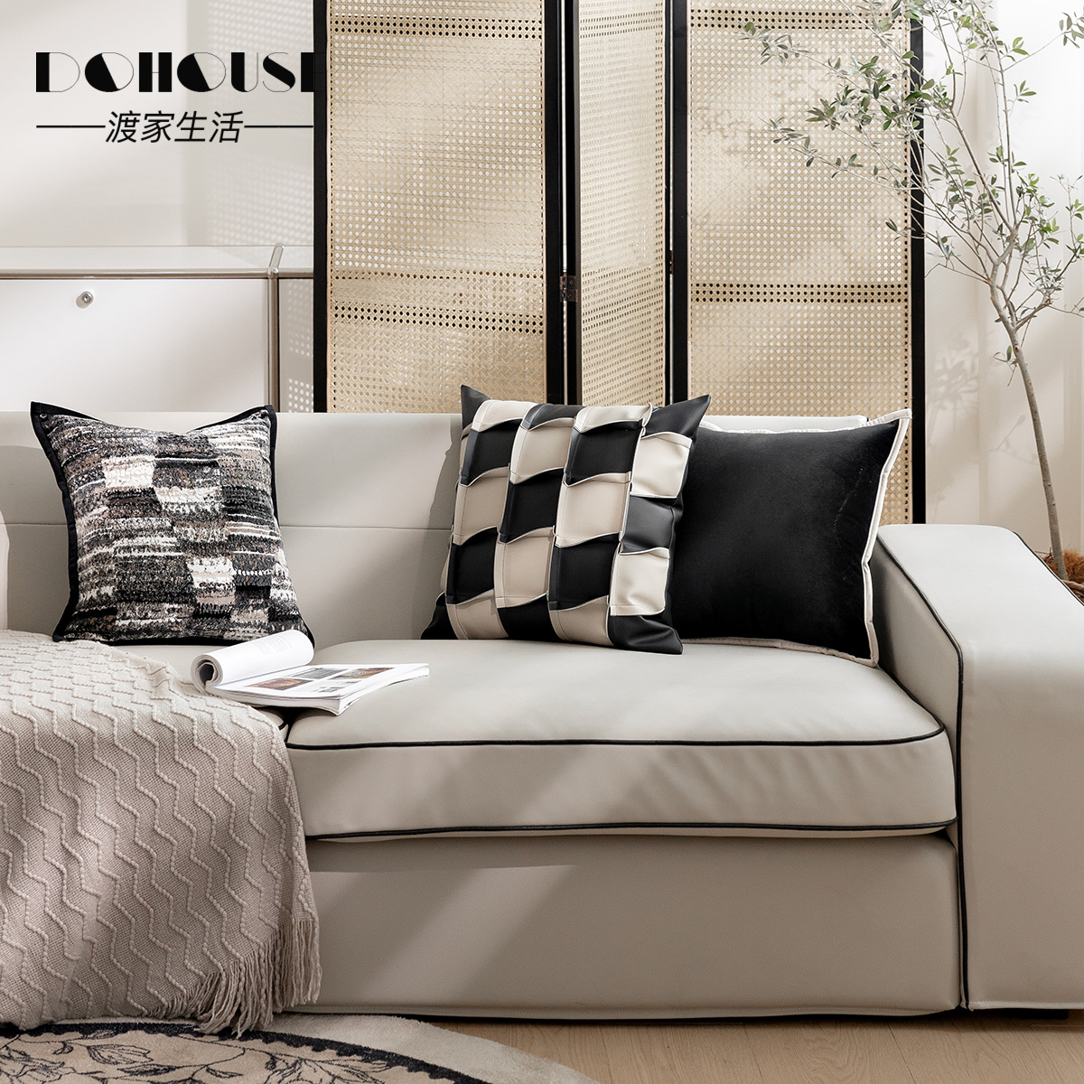 设计师款高端覆古风品质样板间黑白棋盘格沙发卧室抱枕靠包