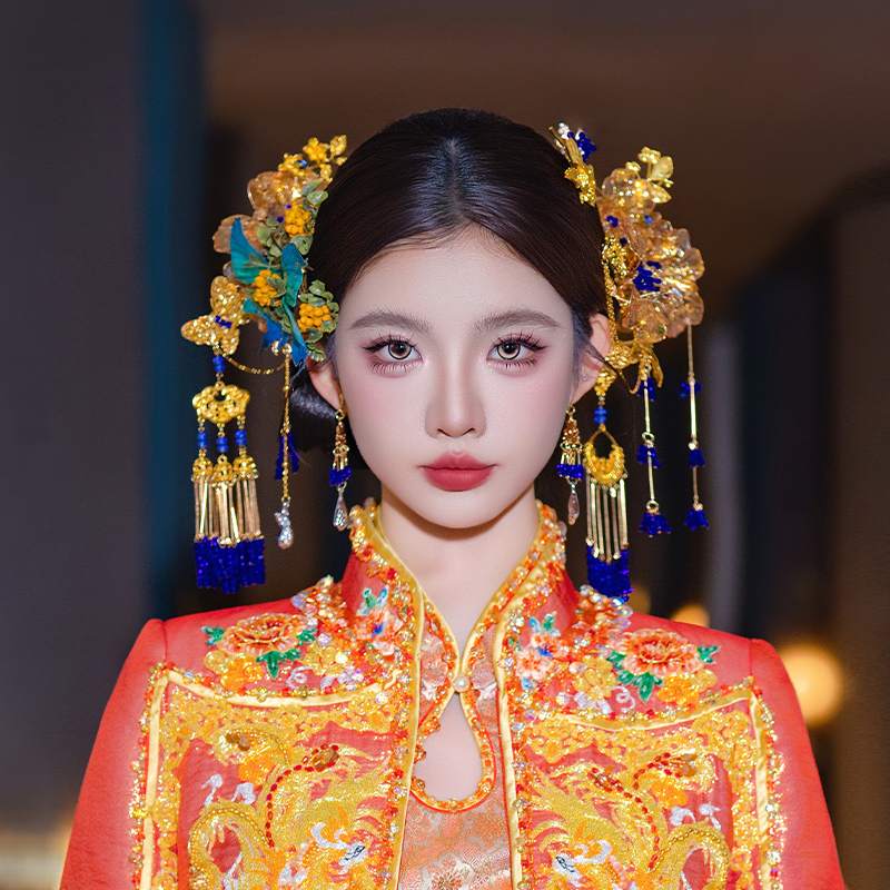 新娘金蓝撞色中式重工秀禾服头饰小众渐变蝴蝶发钗古风龙凤褂头饰