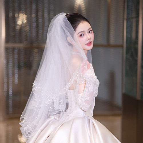 唯美新娘领证结婚2025韩式氛围感荷叶边新款婚礼头纱登记森系配饰