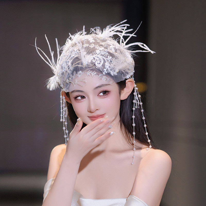 复古氛围感法式蕾丝羽毛婚纱串珠新娘头饰网纱创意帽纱样片发饰品