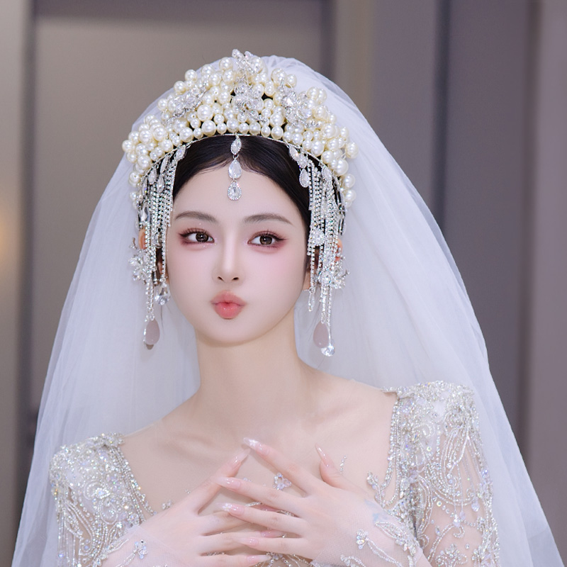 法式新娘头饰重工大气皇冠奢华珍珠流苏高级感额饰婚纱礼服发饰品