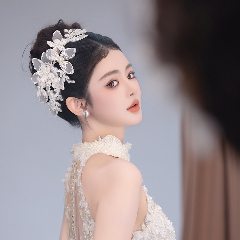 森系新娘精致珍珠蕾丝花边白色简约优雅手工立体花朵侧边发夹发饰