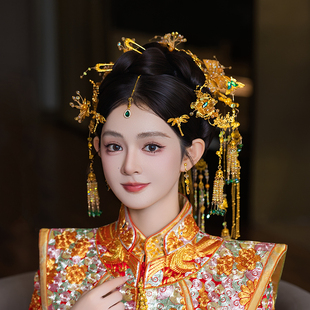 中式新娘金色发钗后区秀禾服晨袍头饰古风结婚饰品新款龙凤褂发饰