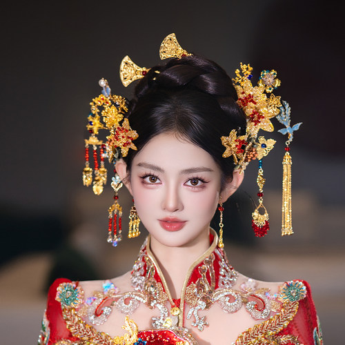 新娘秀禾服凤凰步摇手工中式花朵头饰龙凤褂婚礼金色红色流苏发饰