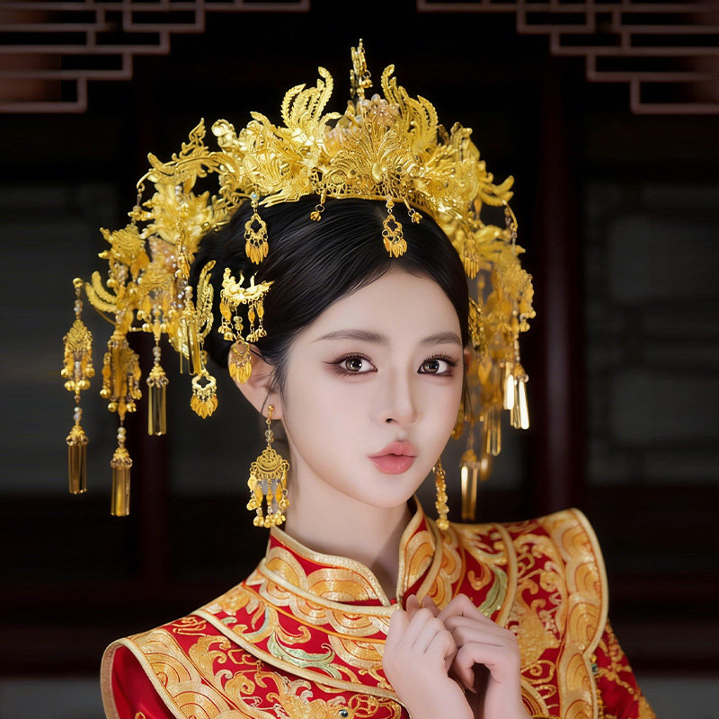 中式新娘发饰全金色流苏奢华重工大气婚礼凤冠结婚龙凤褂时尚配饰