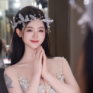 韩式 新娘婚纱超仙水晶蝴蝶头饰发带发饰氛围感晨袍敬酒礼服配饰女