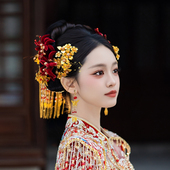 手作新款 新娘爆款 金色花头饰新中式 红色绒花朵精致秀禾服旗袍配饰