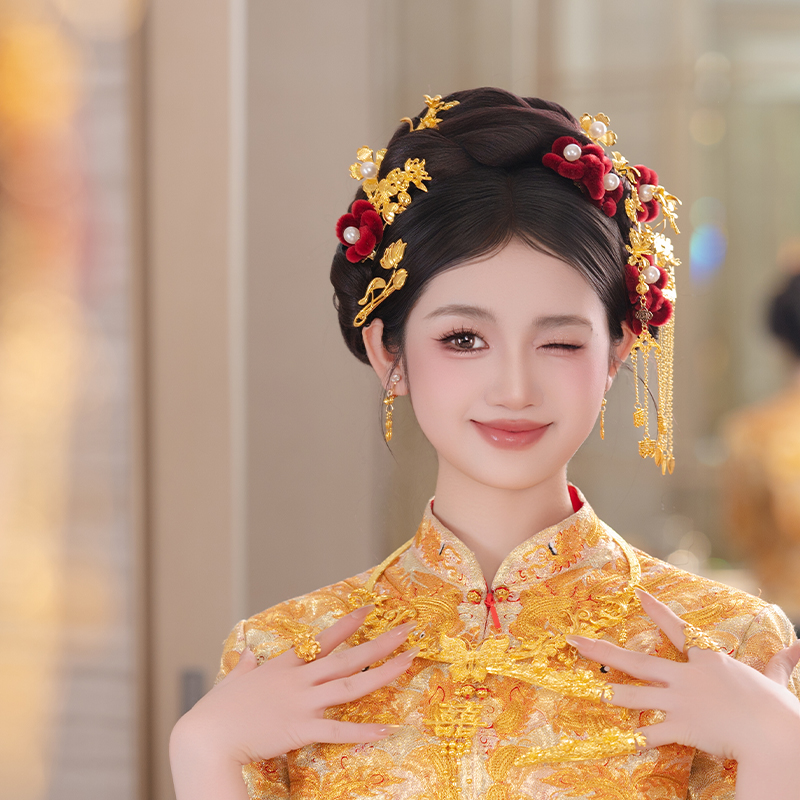 新娘秀禾精致红色珍珠绒花发钗减龄喜字流苏头饰复古龙凤褂头饰女