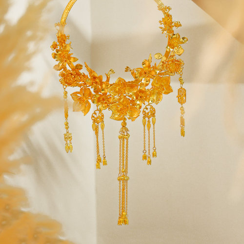 金色项链项圈滑索新娘颈圈秀禾服龙凤褂晨袍花朵重工高级复古项链