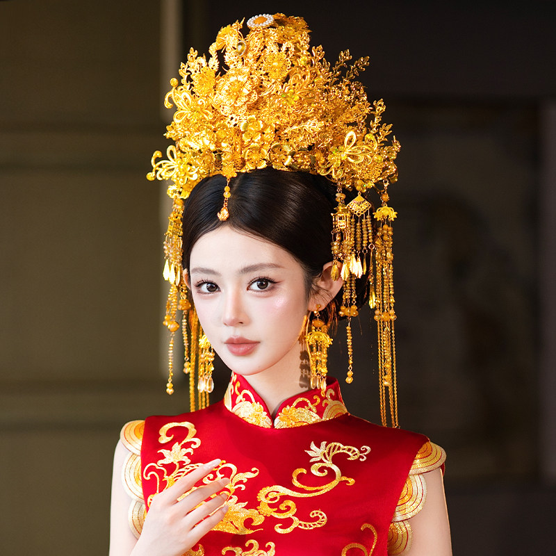 中式高级新娘华丽汉服旗袍结婚全金色奢华大凤冠流苏龙凤褂发饰品