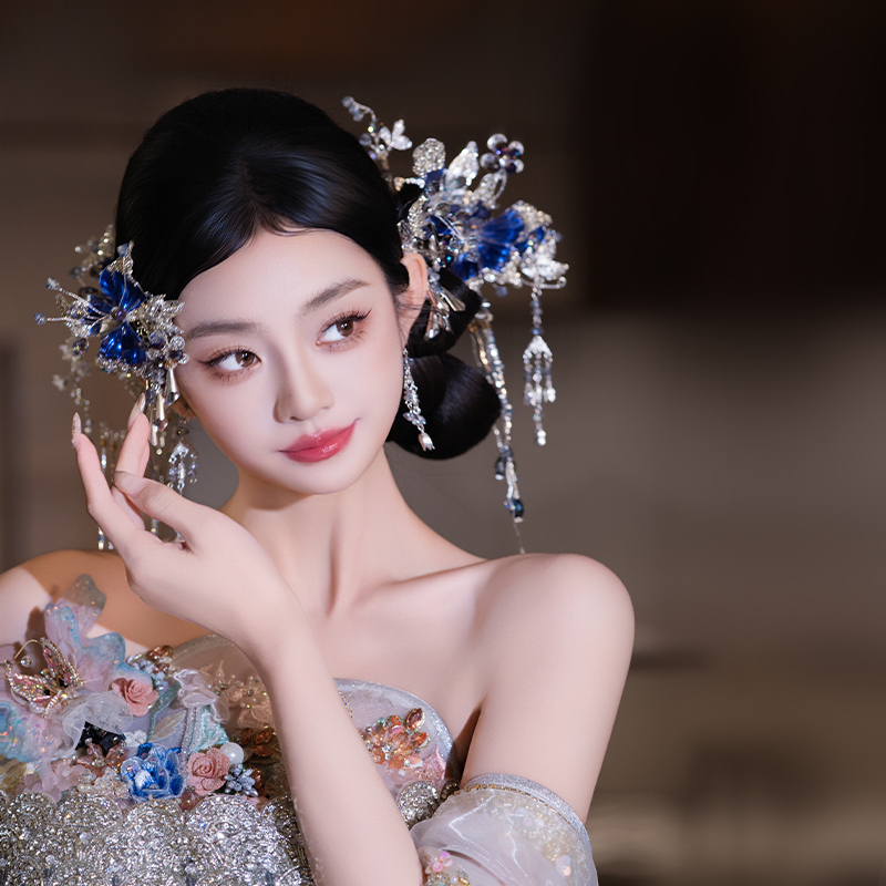 新娘结婚发饰新中式超仙手工小众蓝色水晶花朵发簪古风秀禾服古典