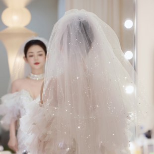 新娘头饰带发梳时尚 头纱 简约结婚拍照配饰品白色细闪超仙唯美长款
