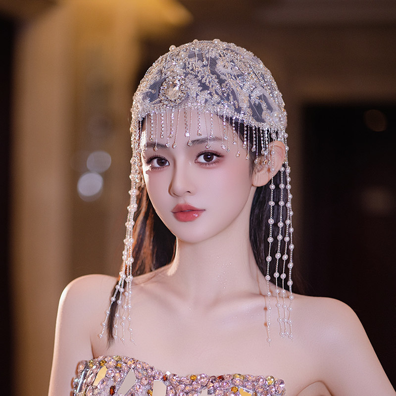 新娘发饰手工串珠水钻绢纱时尚帽子发饰水母流苏帽2025新款头饰品