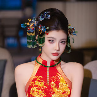 梦瑶新娘结婚高级感复古蓝秀禾服贵气头饰重工流苏中式汉服发饰品