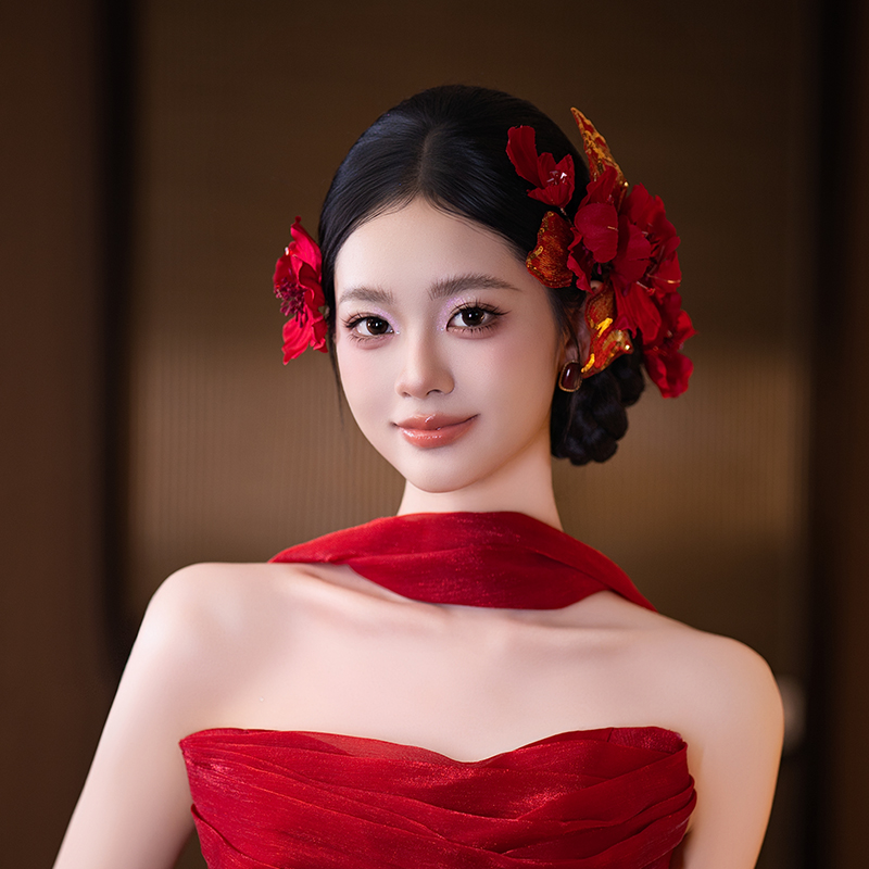 新中式新娘复古红色仿真花纯欲发饰晨袍马面裙仙美配饰旗袍古典女