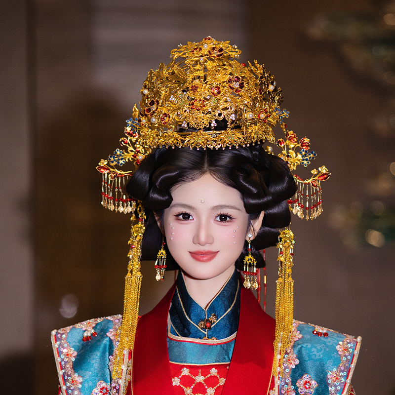 新娘国风大凤冠婚礼后区长流苏大气金色奢华重工中式古典华丽发饰