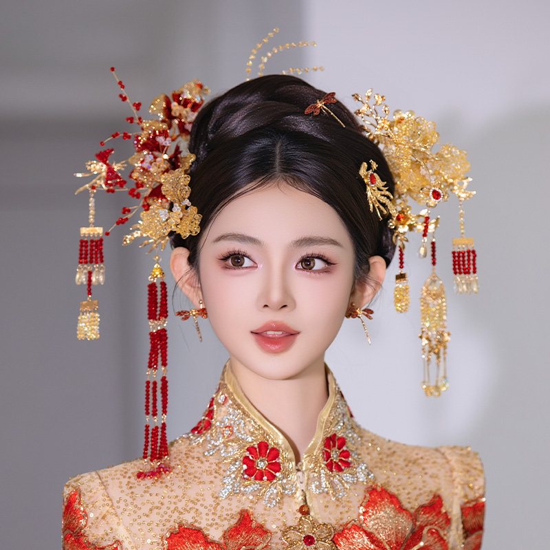 新娘头饰品红金色流苏古风中式婚礼蜻蜓龙凤褂秀禾服发饰套装2025