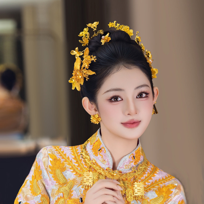 新款新娘古风发饰高级贵气感龙凤褂全金色中式喜字流苏花朵头饰品,饰品/流行首饰/时尚饰品新,发饰,淘宝优惠券,粉丝福利购,淘宝优惠卷