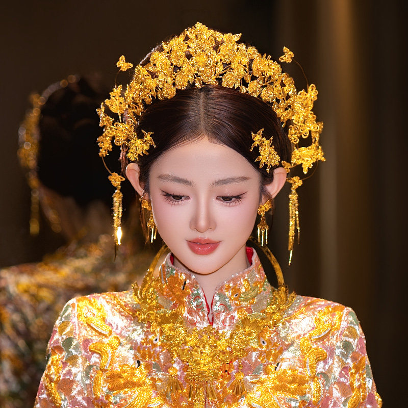 2026金色新娘发饰精致高级感龙凤褂花朵贵气中式婚礼古典头饰套装