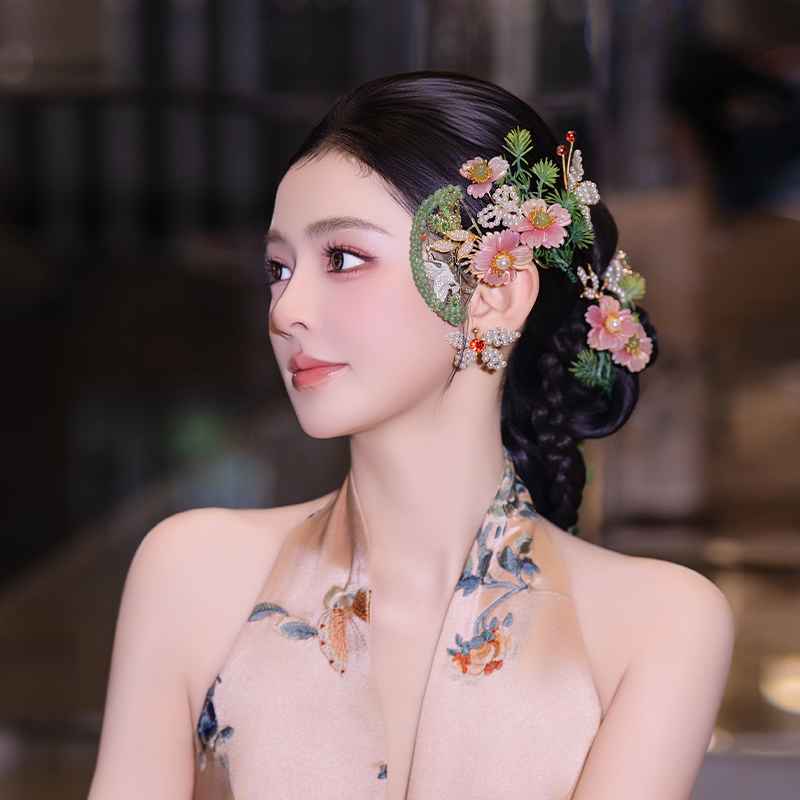 森系新娘头新中式饰旗袍造型龙凤褂秀禾服跟妆粉色花朵仙气发饰品