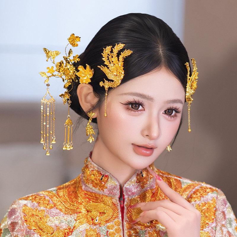 中式新娘头饰高级感全金色凤凰侧边发簪龙凤褂婚礼古典精致发饰品图片