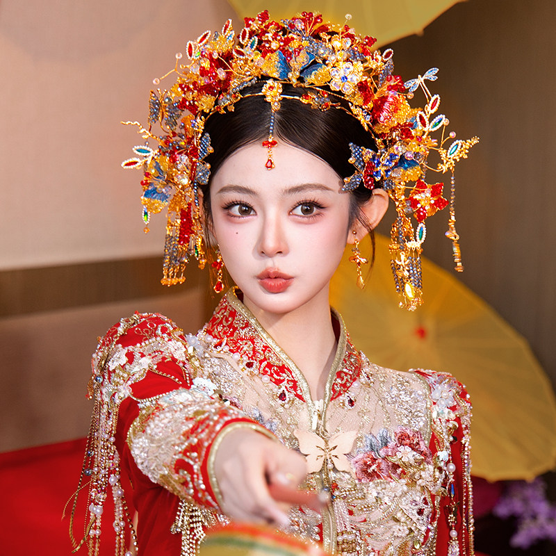 中式大气新娘蓝红色饱满秀禾服奢华高端精致琉璃半冠套装婚礼头饰图片