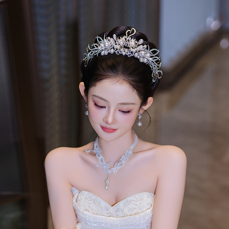 新娘公主冠珍珠生日订婚礼服天鹅皇冠奢华优雅锆石婚礼跟妆发饰品
