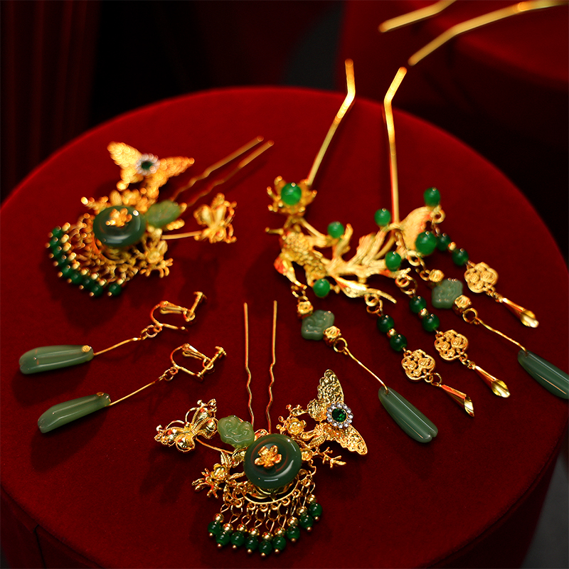 金绿色古典新娘高级感头饰蝴蝶发簪锦鲤国风晨袍礼服秀禾服发饰品