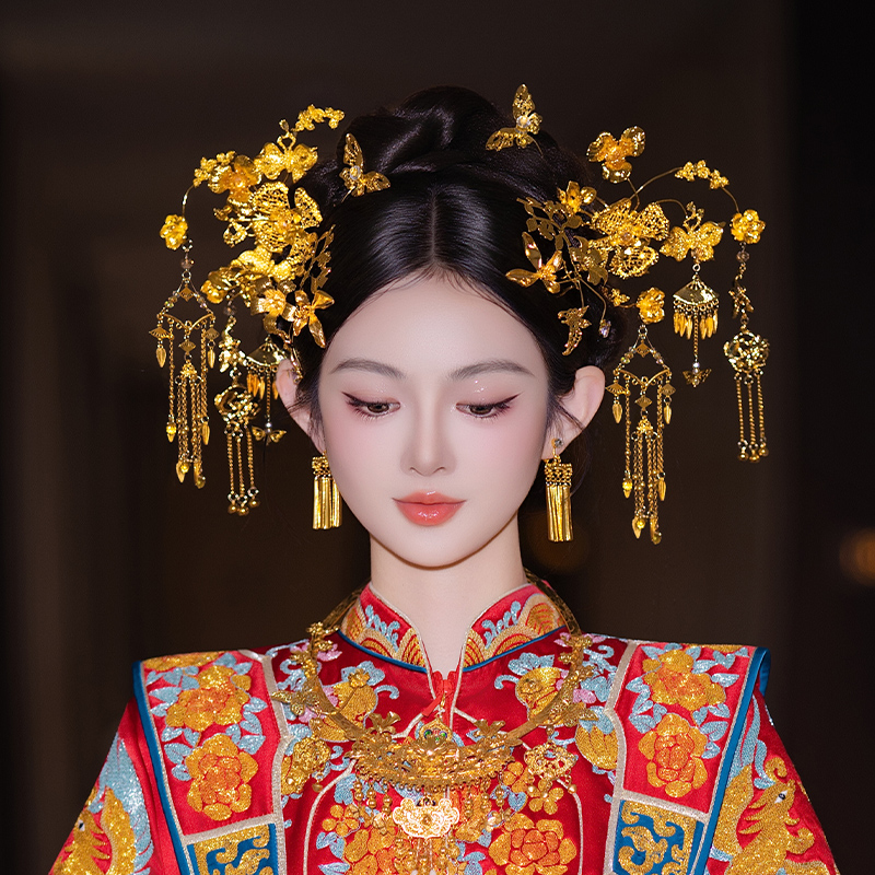 全金色新娘重工古风古典宫廷头饰减龄俏皮奢华龙凤褂秀禾服配饰品