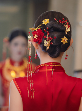 2025新款新娘红色系结婚发饰大气凤凰流苏精致绒花敬酒服仙美头饰