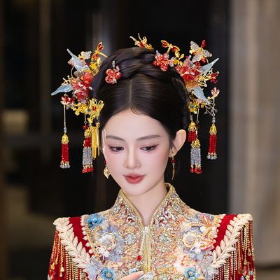 银红色新娘大气结婚头饰复古中式秀禾龙凤褂礼服手工古风步摇发饰