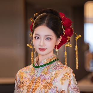 新娘金色百搭新款流苏发簪套装龙凤褂仿真红色玫瑰发夹旗袍配饰品