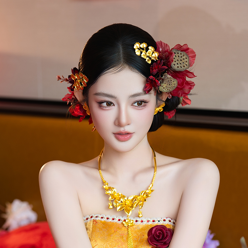 新娘头饰新中式复古仙气仿真莲蓬国风敬酒服发夹旗袍礼服造型发饰