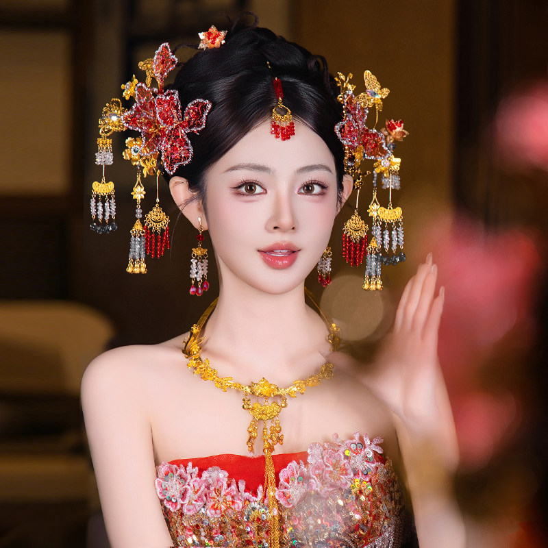 宫廷新娘发饰中式秀禾服花朵发簪宽面流苏步摇高级感古风婚礼配饰