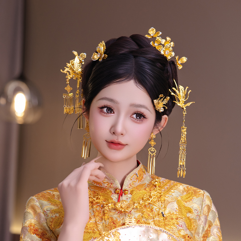 传统中式新娘精致秀禾结婚发饰全金色百搭凤凰流苏发簪龙凤褂头饰