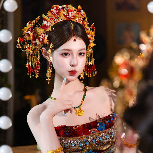 大气秀禾服新娘高端重工凤冠金红色华丽减龄中式国风龙凤褂发饰品