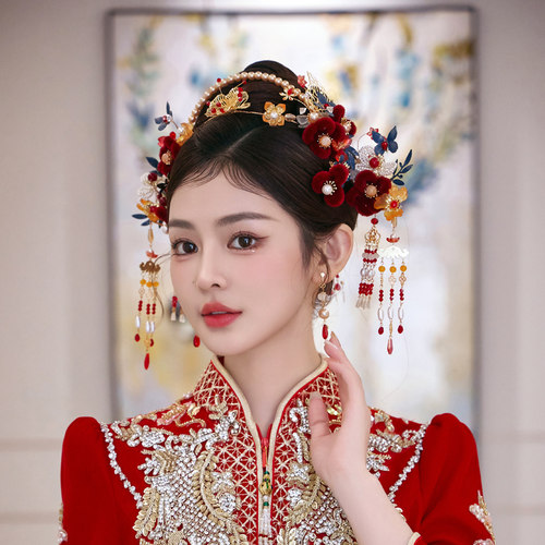 新娘秀禾服头饰古典汉服盘发古风红色绒花发箍流苏发簪结婚发饰品
