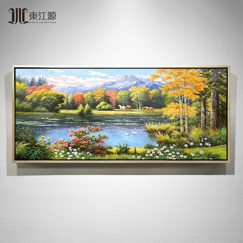 手绘油画风景画客厅挂画山水画风水挂画欧式横版装饰画壁画聚宝盆