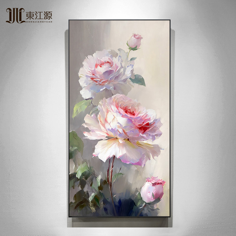 手绘油画玄关装饰画花卉挂画客厅走廊过道壁画牡丹花竖版大芬村