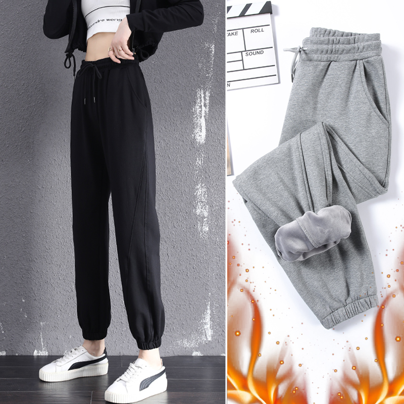加绒运动裤女宽松束脚秋冬季黑色休闲裤显瘦百搭加厚外穿灯笼卫裤