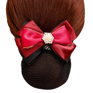 职业头花红色喜庆发饰发网 开业配饰发套网兜女士网套 盘发弹簧夹