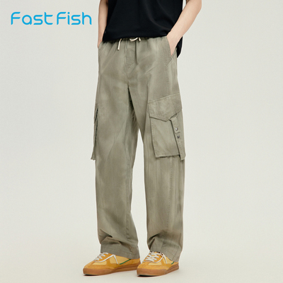 快鱼夏季印花水洗棉休闲裤男2026新款男生复古街潮宽松直筒工装裤