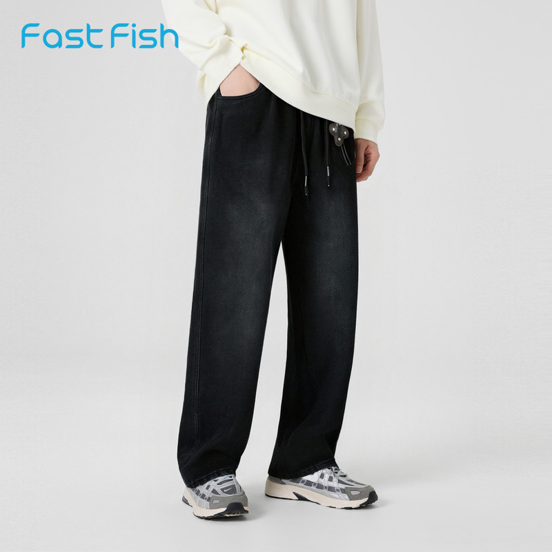 快鱼松紧腰男士牛仔裤2025年冬新款直筒裤宽松运动长裤百搭男裤,男装,牛仔裤,淘宝优惠券,粉丝福利购,淘宝优惠卷