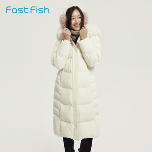 快鱼羽绒服女款新款冬季加厚长款过膝连帽毛领保暖防寒洋气外套