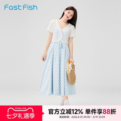 快鱼法式连衣裙波点裙子女款2026新款文艺淑女气质显瘦两件套开衫